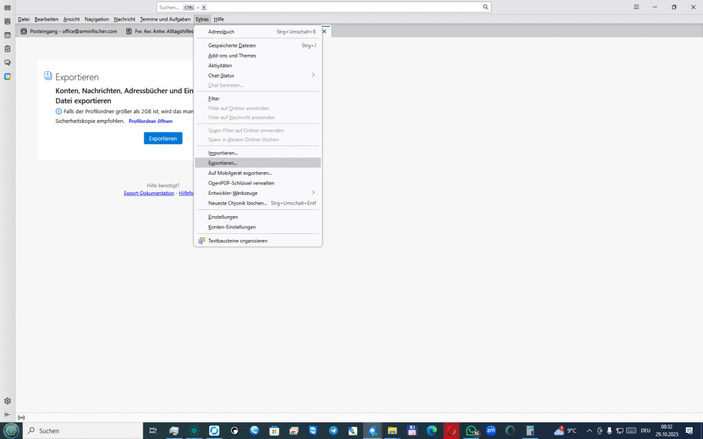 In Thunderbird Konten, Nachrichten, Adressbücher und Einstellungen in eine .zip-Datei exportieren. In der Menüleiste unter Extras den Punkt Exportieren... anklicken. Funktioniert in neueren Versionen z.B. BETA 145.0b2 .