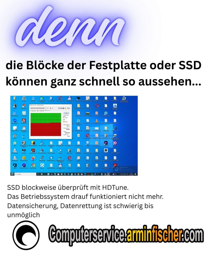 SSD blockweise überprüft mit HDTune. Nicht blind auf S.M.A.R.T.-Werte einer Festplatte oder SSD vertrauen.