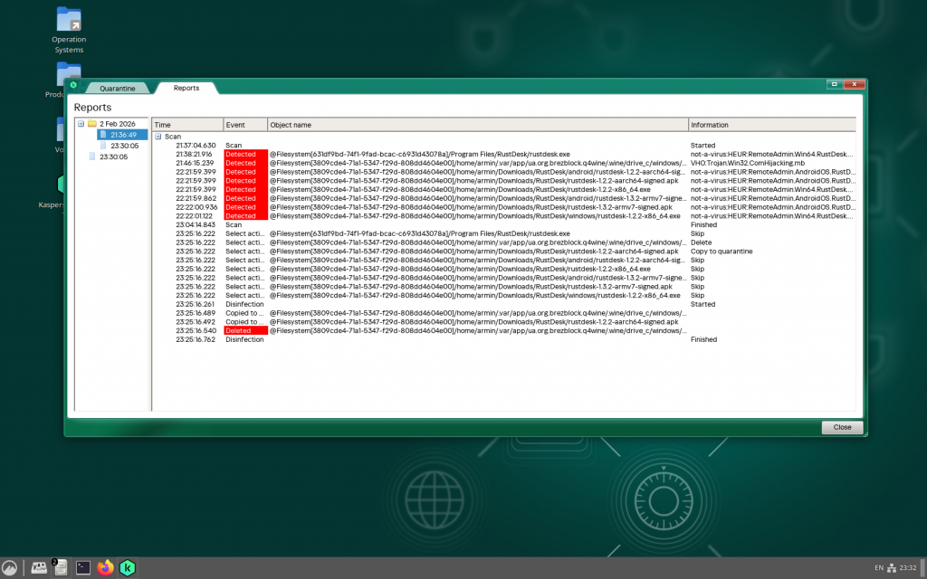 Kaspersky Rescue Disk zeigt keine relevanten Virenfunde. Die Fernwartungssoftware RustDesk als heuristischer Treffer
