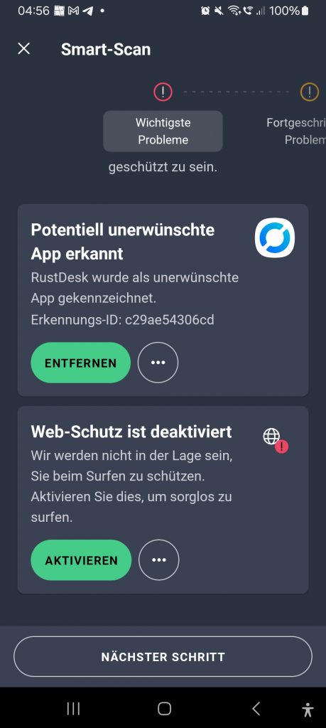 AVG am Smartphone zeigt auch keine relevanten Virenbefall.
Lediglich RustDesk als heuristischen Treffer.