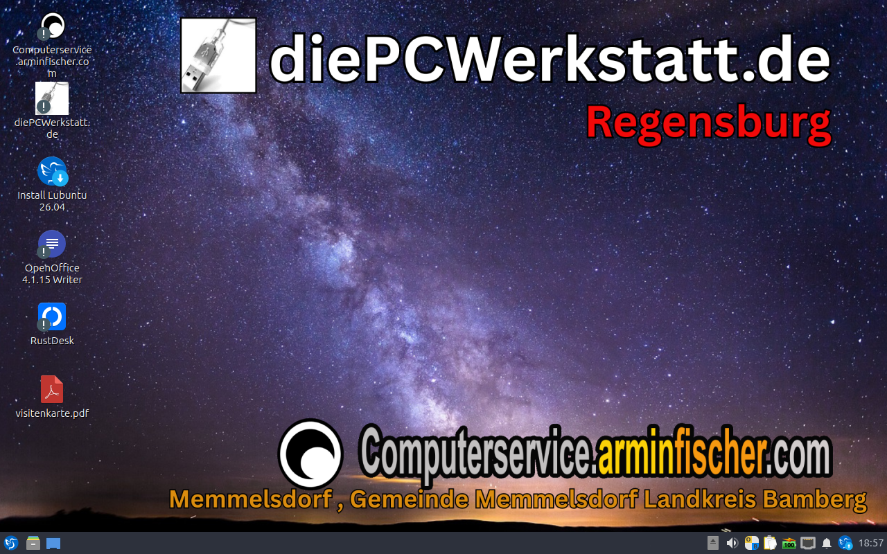 Bootscreen unserer C-PCW-Helpdesk-disc-V1_0-lubuntu26_04.iso Distribution. Als ISO herunterladen oder auf DVD brennen. Computerservice.arminfischer.com & diePCWerkstatt.de